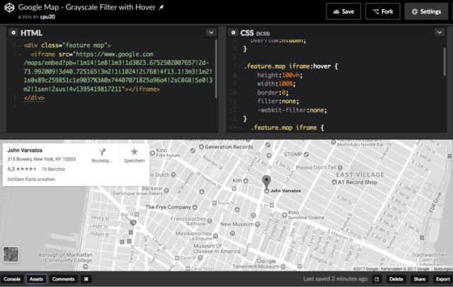 Google Map Grayscale Filter mit Hover-Effekt